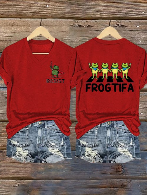 Portland Frogtifa Resist V-Neck Shirt No Kings Antifa Protest Clothing Funny Gifts For Women