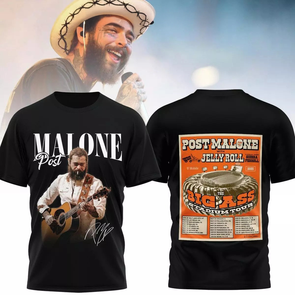 Post Malone Jelly Roll Big Ass Stadium Tour 2025 3D T-Shirt Gift For Music Fans
