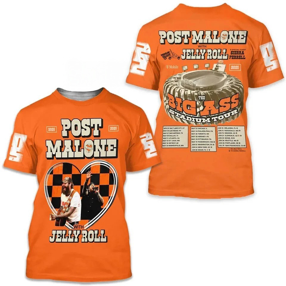 Post Malone With Jelly Roll Tour 2025 3D T Shirt Classic 3D Orage T-shirt