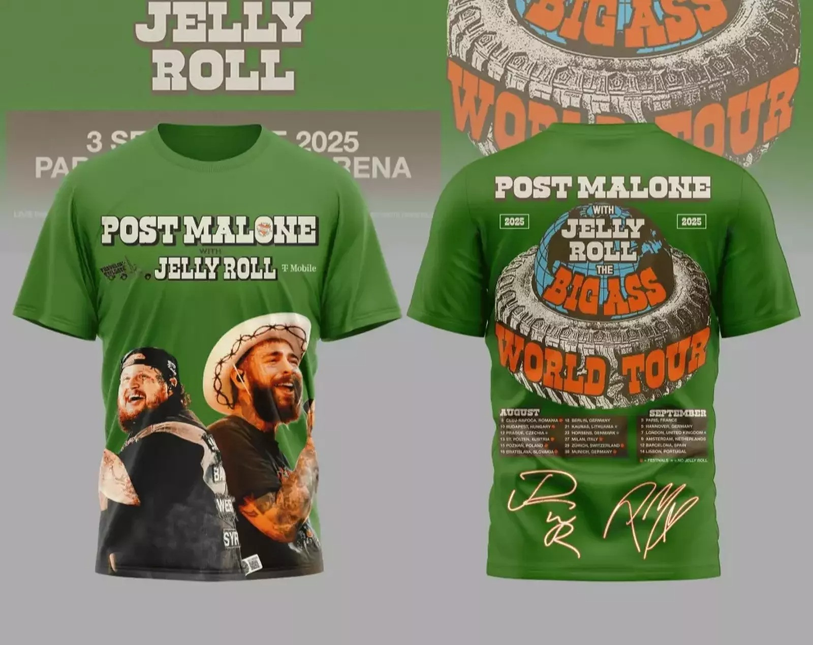 Post Malone With Jelly Roll World Tour 2025 Signature 3D T-Shirt Gift Men Women