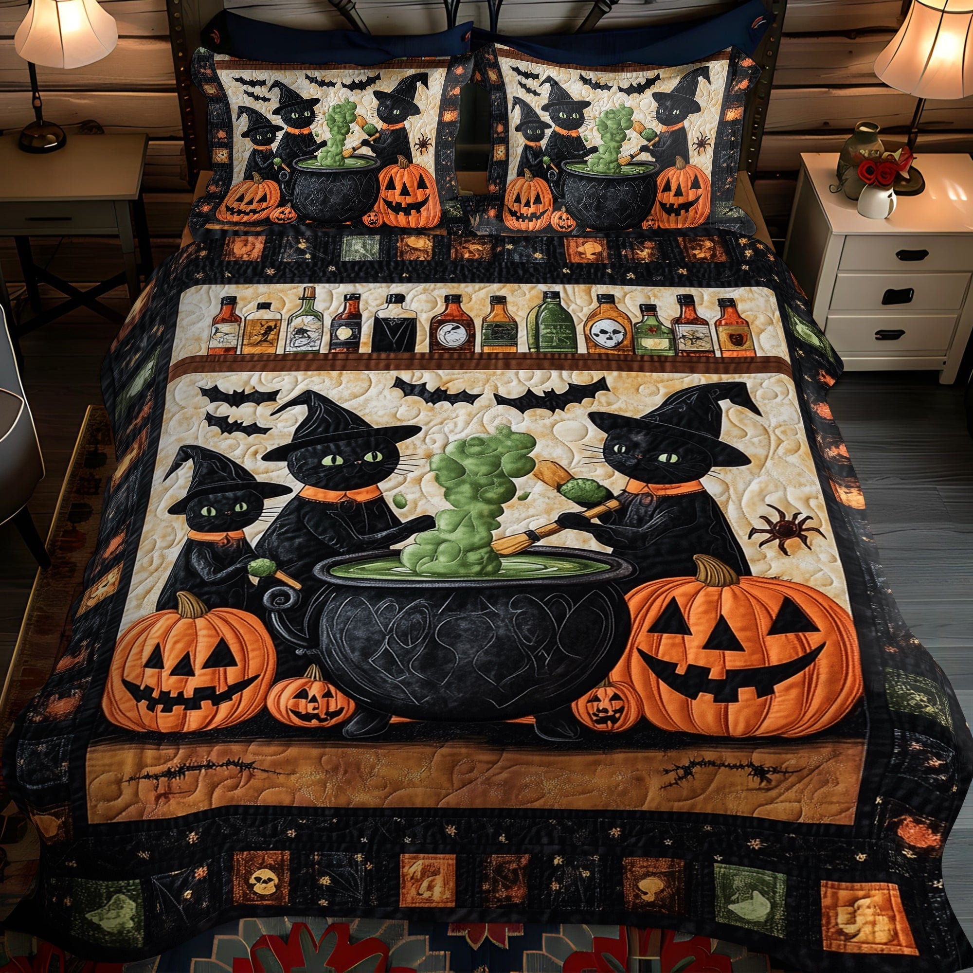 Potion Bubbles Cats Quilted Bedding Set King Size Quilt Sets Gift For Parents Christmas