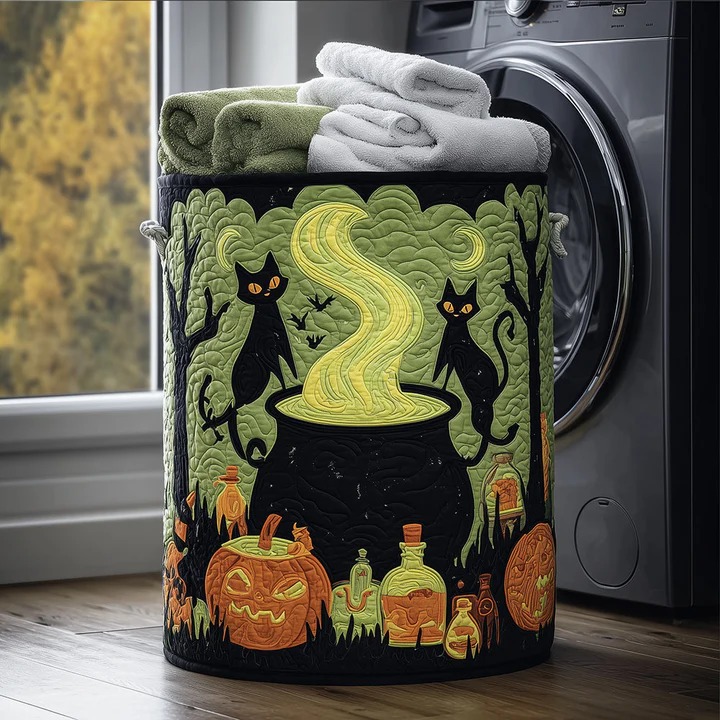 Potion Cat Quilted Laundry Basket Witch Magic Black Cat Halloween Home Decor Gift For Cat Lovers