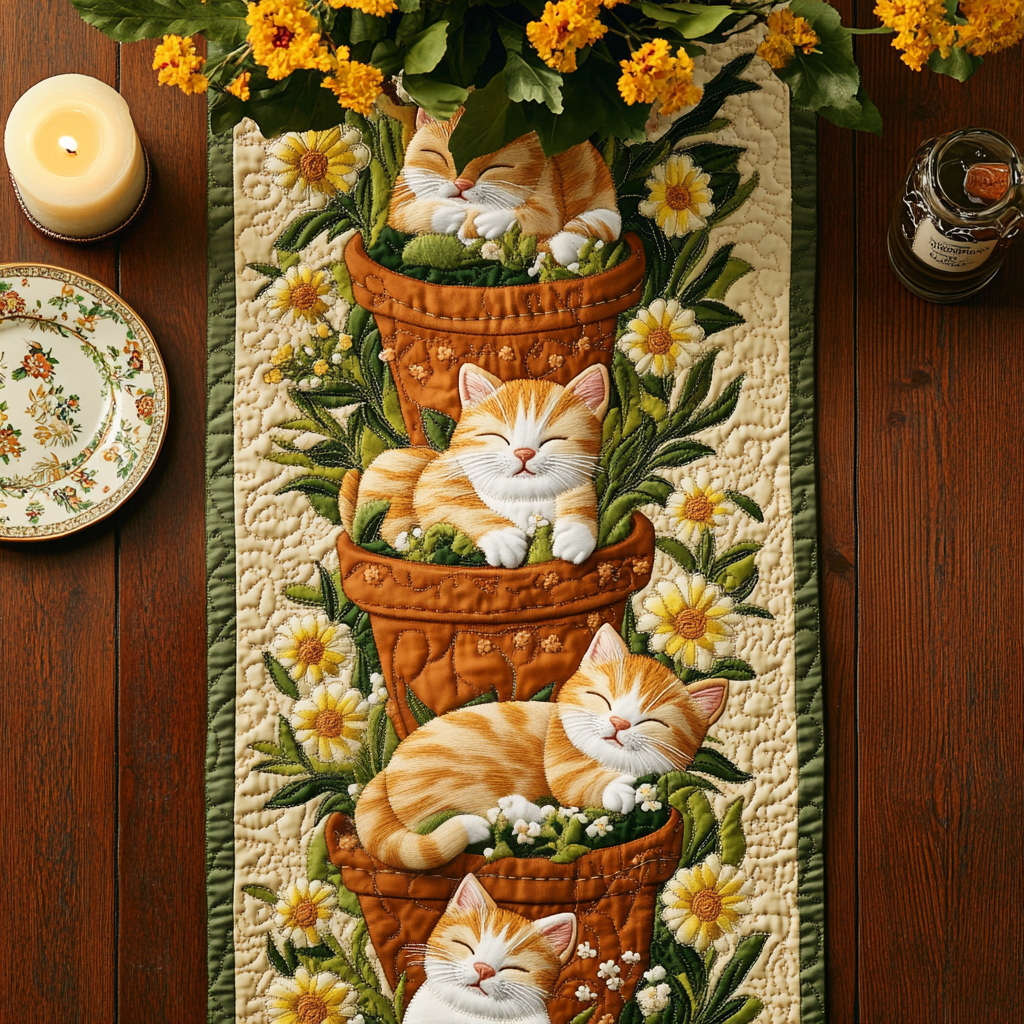 Potted Paws Quilted Table Runner Dining Table Decor Ideas Gift For Cat Lover