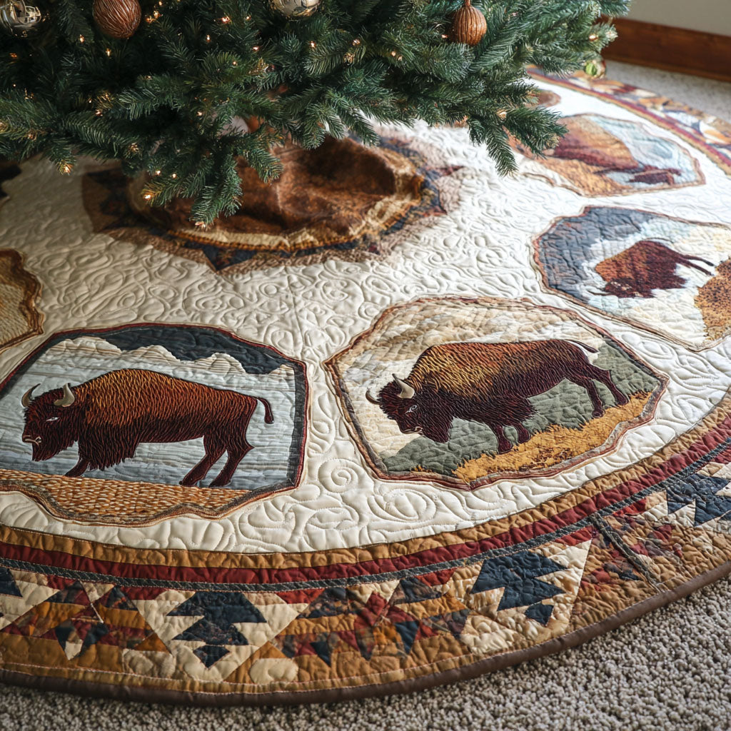 Prairie Bison Christmas Quilted Tree Skirt Warm and Cozy Quilted Tree Skirt for Winter Festivities