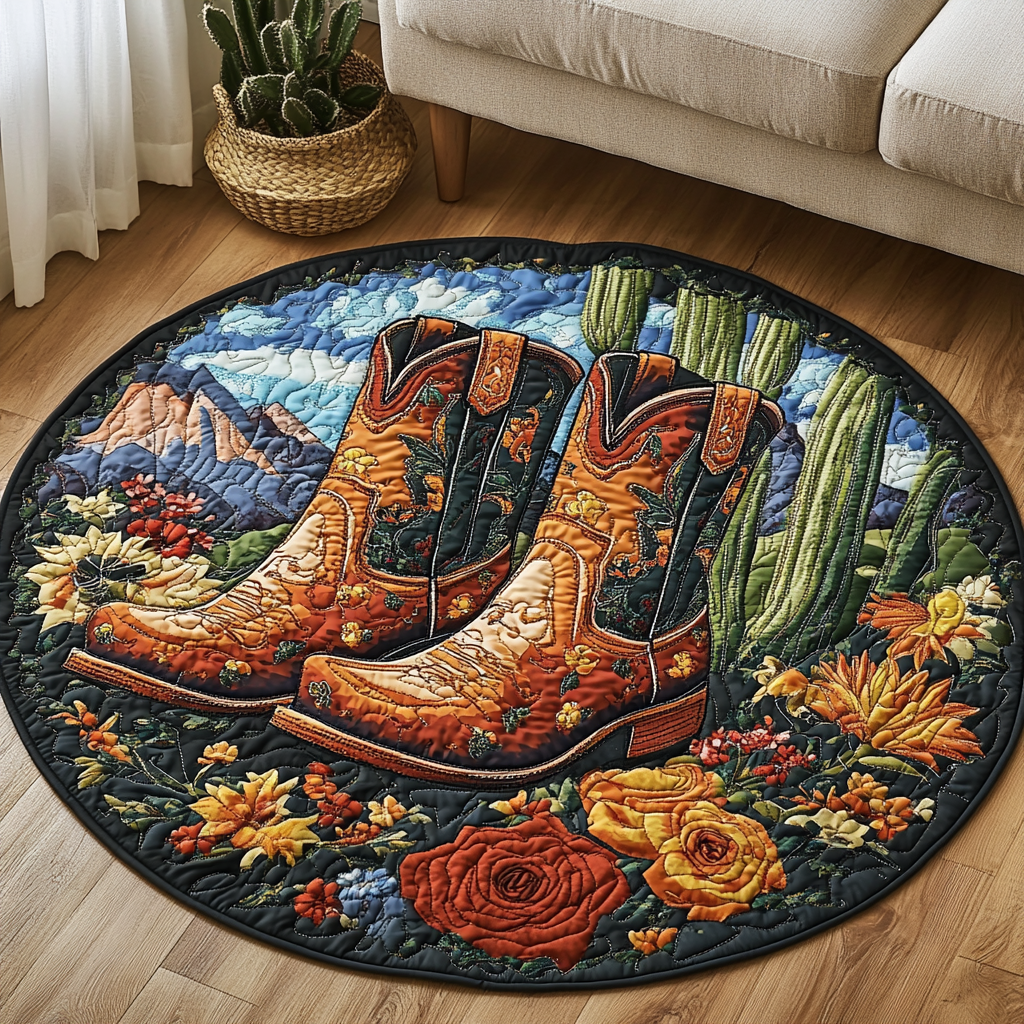 Prairie Boots Quilted Round Mat Entryway Decor Farmer Xmas Gifts