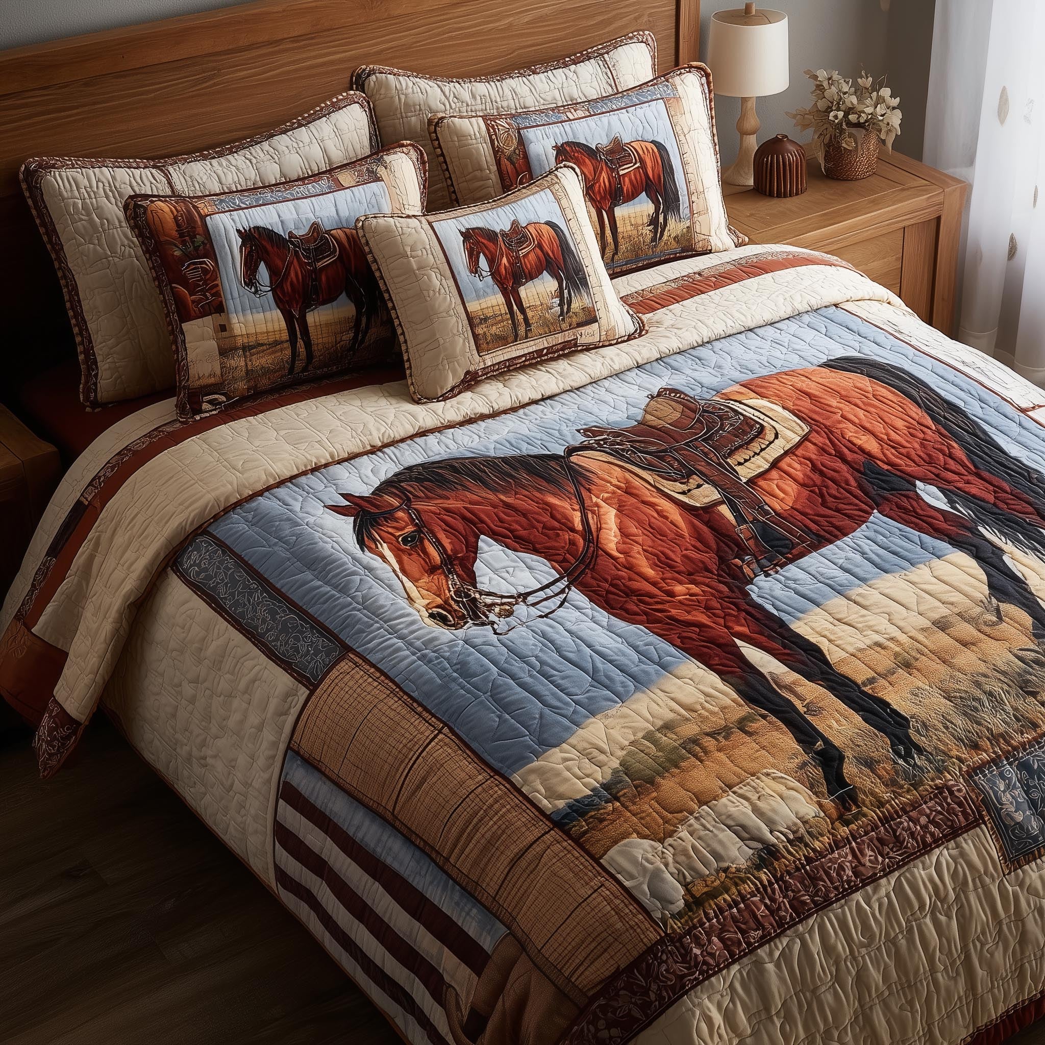Prairie Horse Quilted Bedding Set Farmhouse Bedroom Decor Best Gift For Horse Lovers