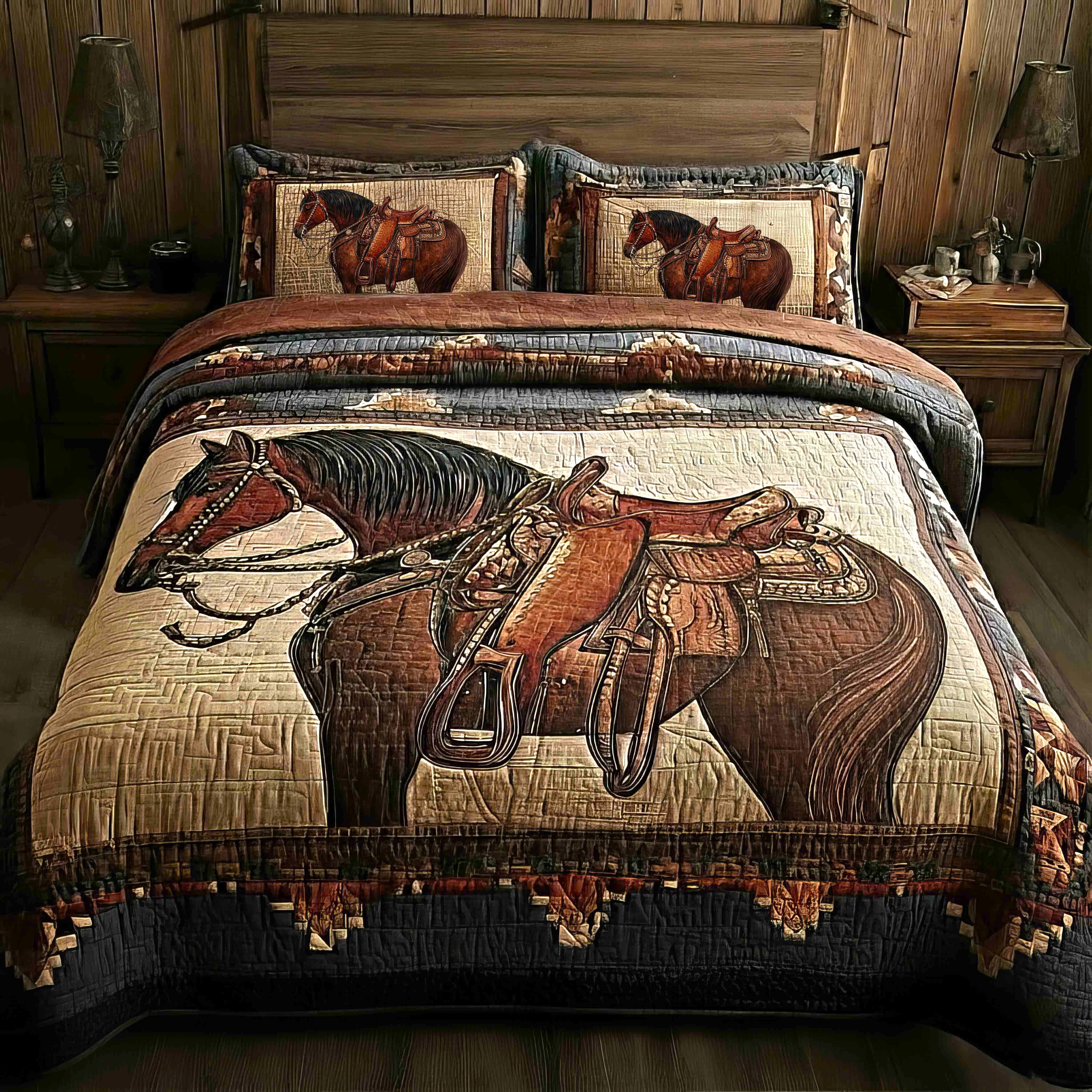 Prairie Horse Quilted Bedding Set Wild West Bedroom Decor Gift For Horse Lovers