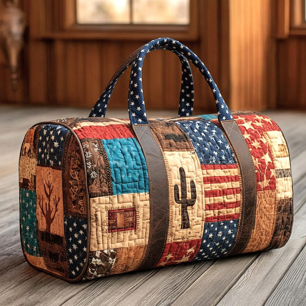 Prairie Patch American Flag Quilted Duffle Bag Western Cactus Travel Bag Best Gift For Her