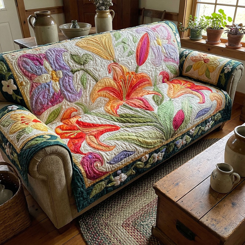 Prairie Petal Harmony Quilted Sofa Cover Farmhouse Floral Decor Gift For Home Lovers