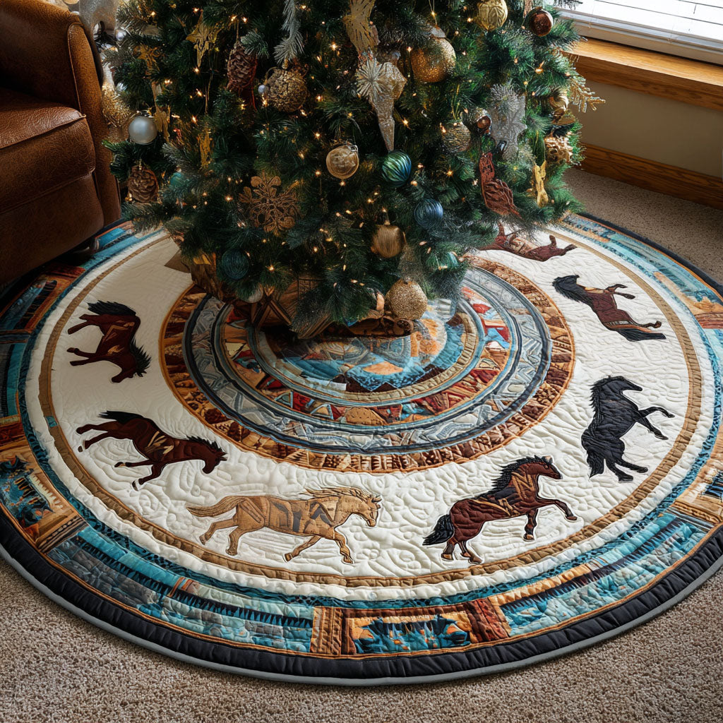 Prairie Run Christmas Quilted Tree Skirt Xmas Indoor Decorations Horse Themed Christmas Gifts