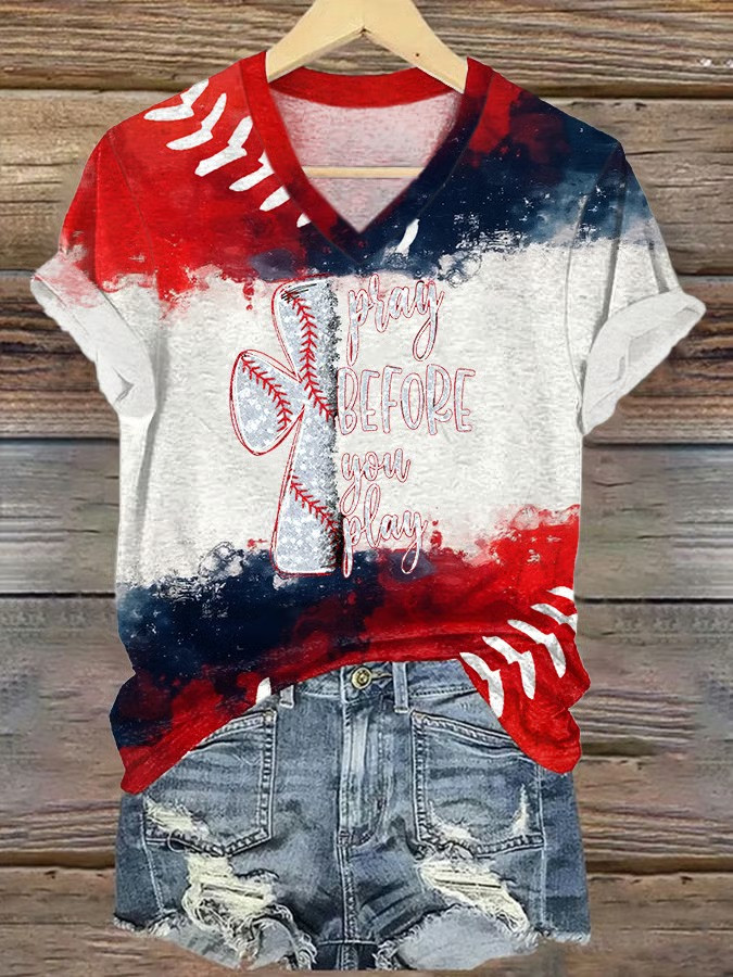 Pray Before You Play Baseball V-Neck Shirt Christian Baseball Fan Gear Game Day Shirt Best Gift For Fans