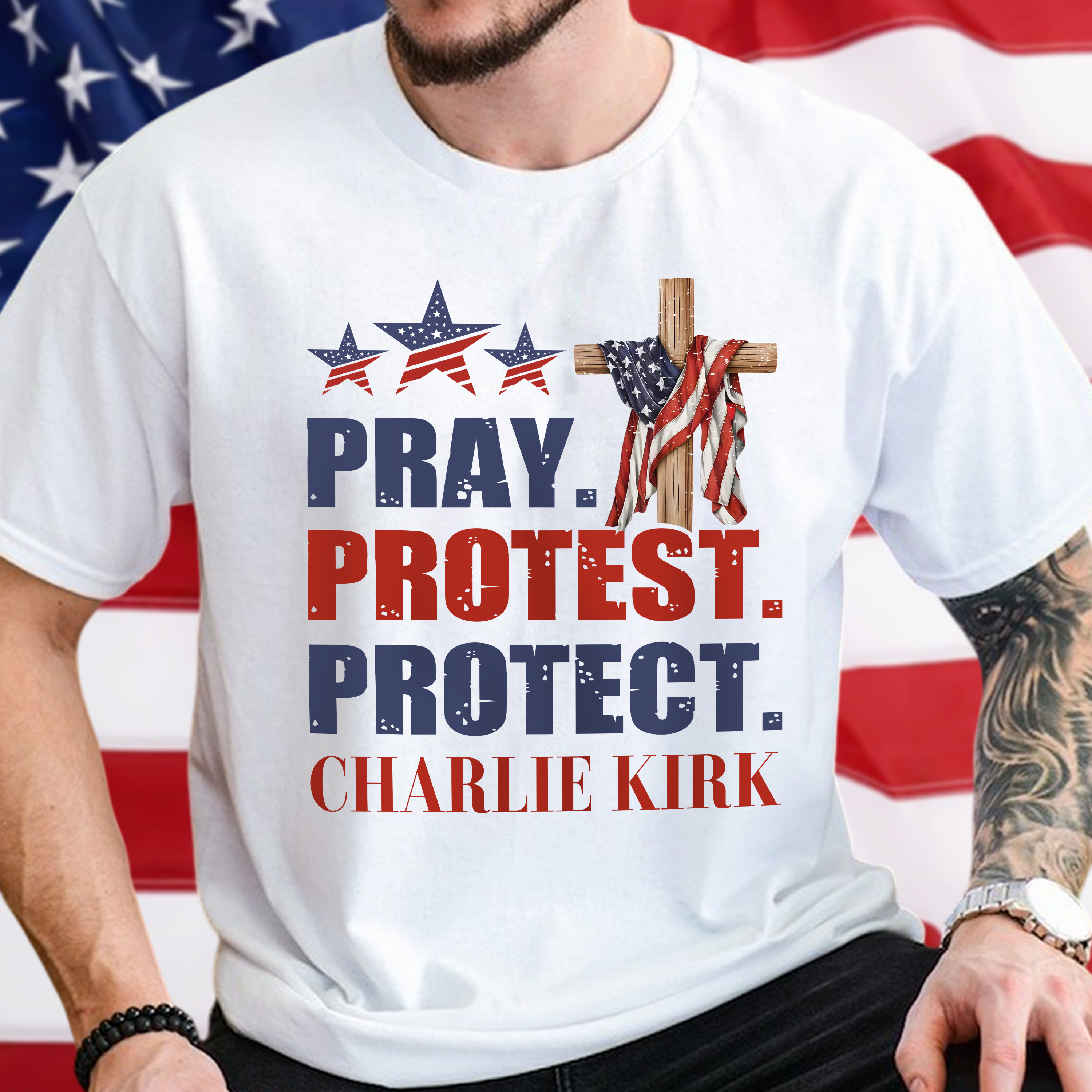 Pray Protest Protect Charlie Kirk Memorial Bright Shirt Gift for American Conservatives