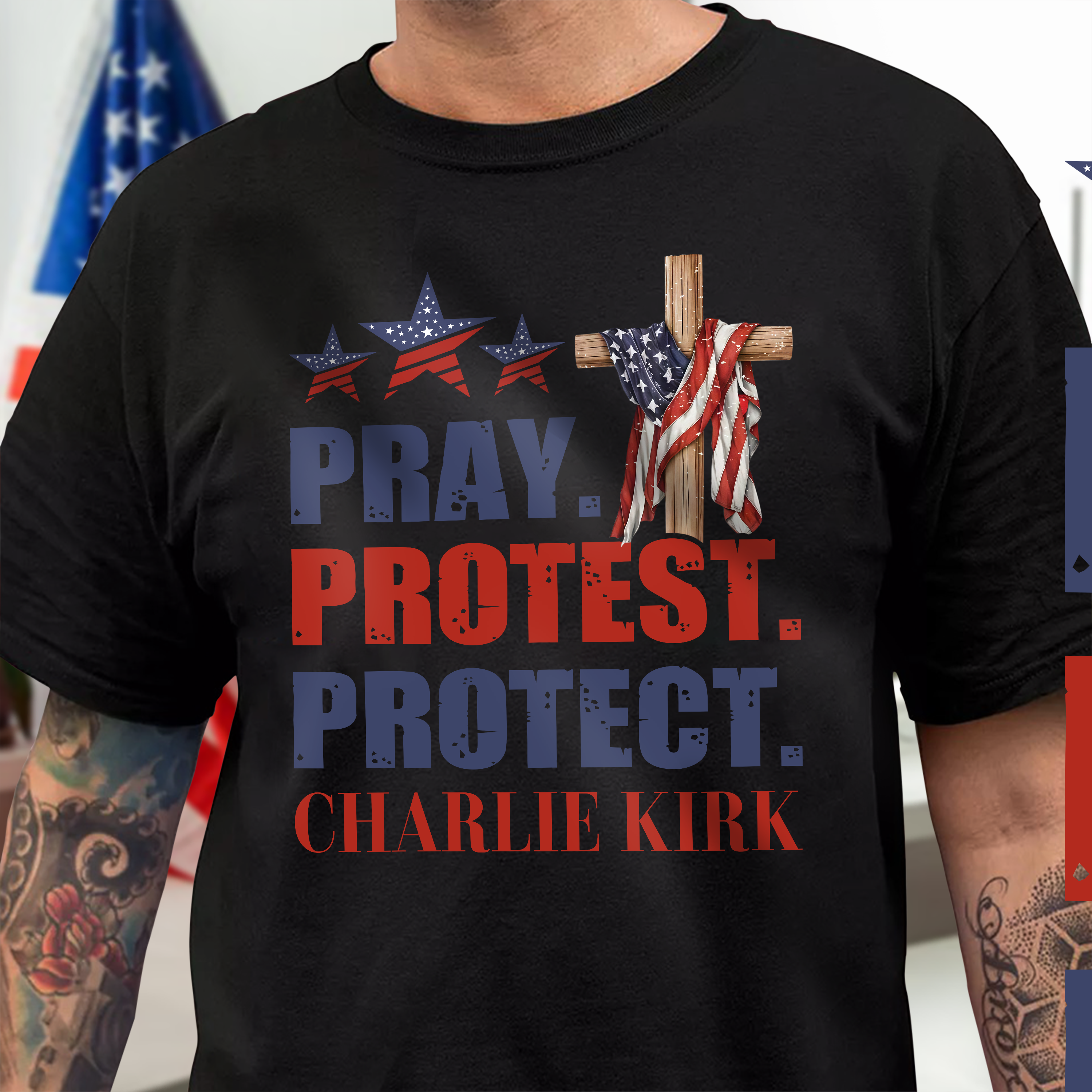 Pray Protest Protect Charlie Kirk Memorial Dark Shirt Gift for American Conservatives