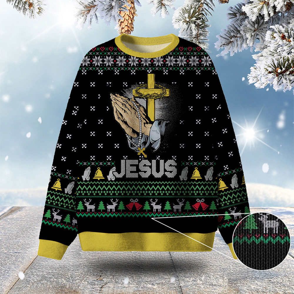 Praying Hands Ugly Christmas Sweater Holy Cross Shape Christmas Gifts For Christians