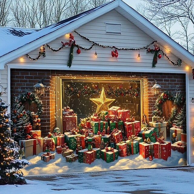 Presents In Christmas Night Garage Door Cover Xmas Holiday Garage Cover Decor Gifts