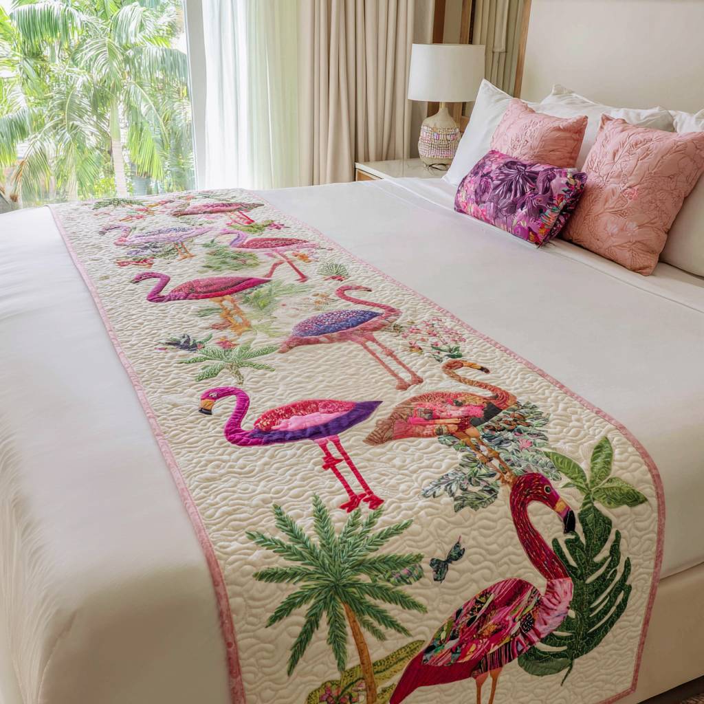 Pretty in Feathers Quilted Bed Runner Cool Bedroom Decor Gifts With Flamingos On Them