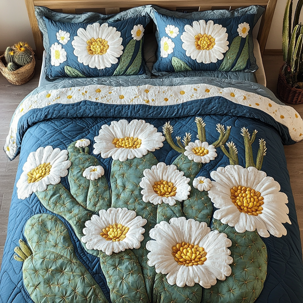 Prickly Blossom Quilted Bedding Set Cute Room Decor Cactus Gifts For Her