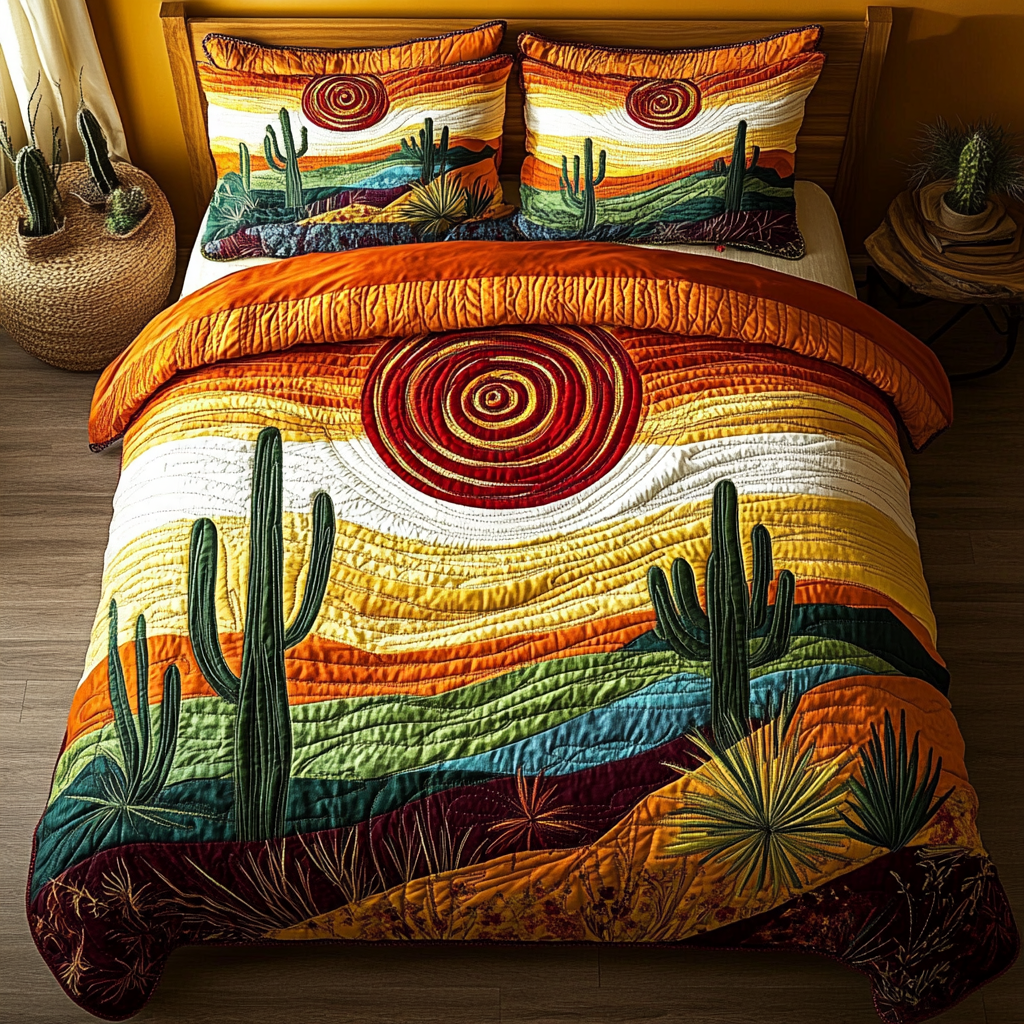 Prickly Paradise Quilted Bedding Set Cozy Bedroom Decor Cactus Housewarming Gift