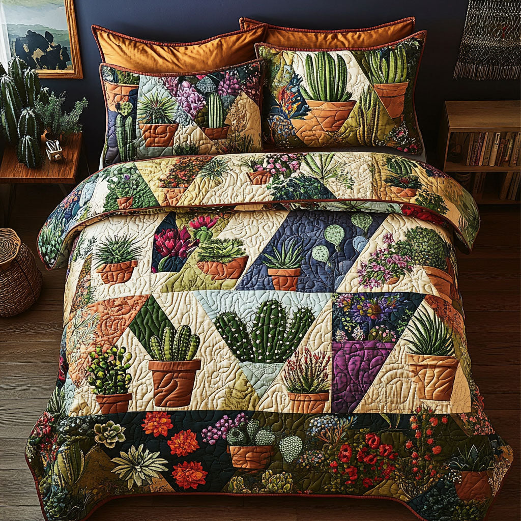 Prickly Patchwork Quilted Bedding Set Cool Bedroom Decor Cactus Housewarming Gift