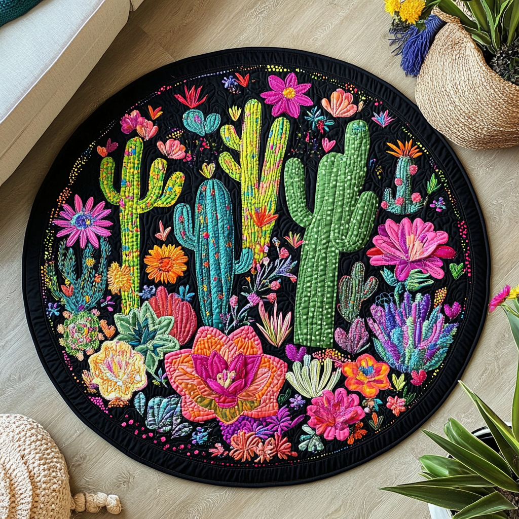 Prickly Pear Oasis Quilted Round Mat Christmas Entryway Decor Cactus Gifts For Mom Mother's Day