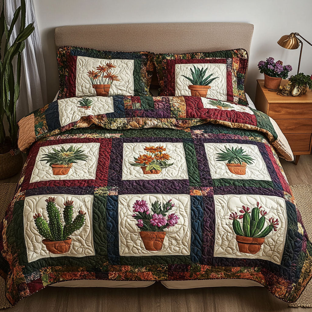Prickly Pear Patch Quilted Bedding Set Cute Bedroom Decor Cactus Birthday Gift