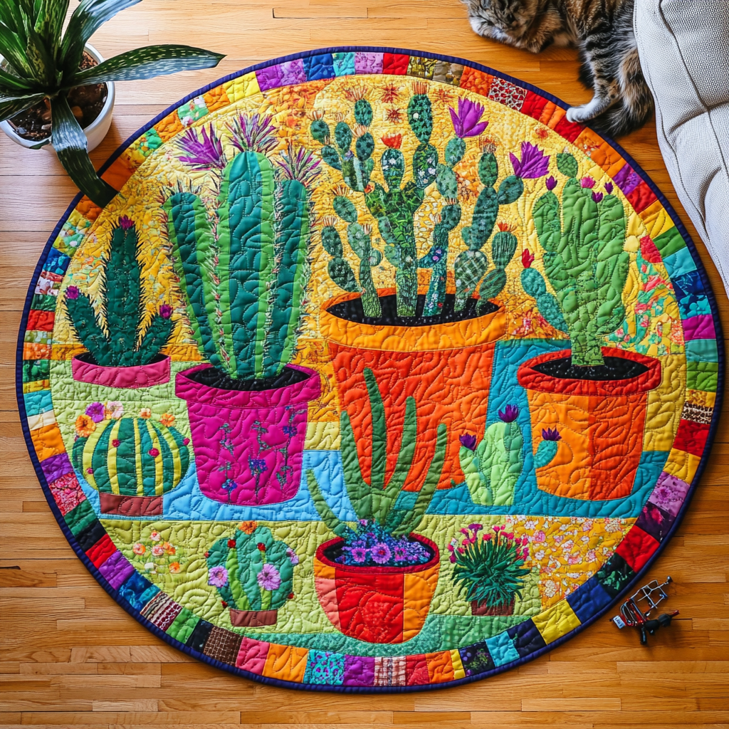 Prickly Pear Quilted Round Mat Door Entrance Decor Cactus Related Gifts For Friends
