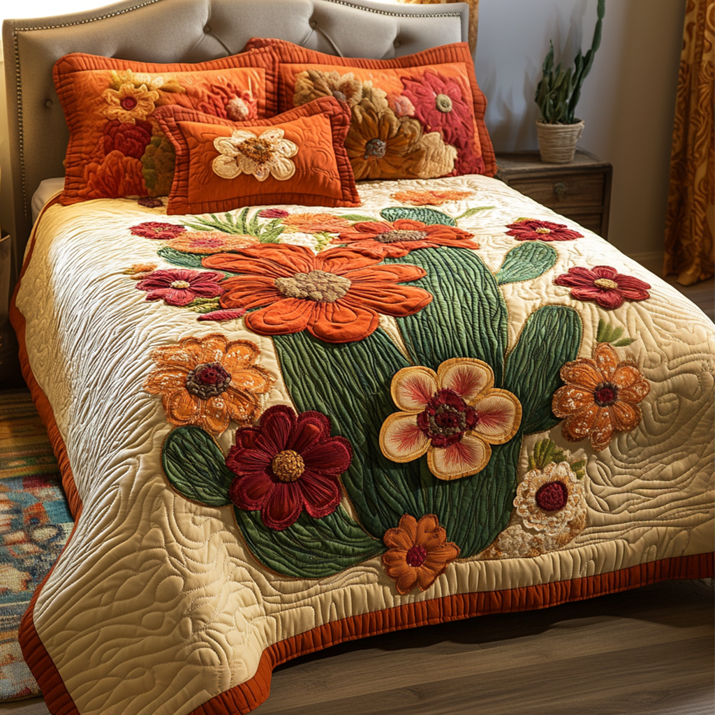 Prickly Petals Quilted Bedding Set Holiday Season Duvet Cover Set Cactus Birthday Gift