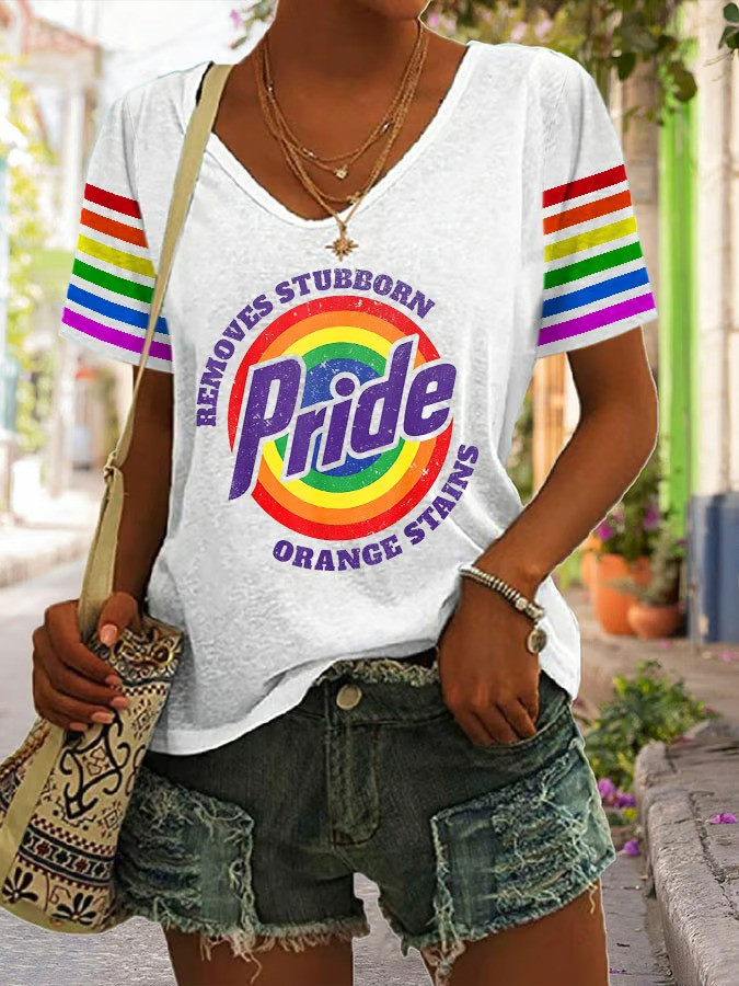 Pride Removes Stubborn Orange Stains V-Neck T-Shirt LGBT Pride Month Funny Clothing Gift For Fans