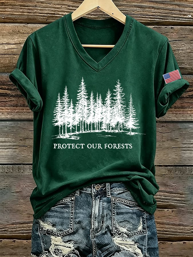 Protect Our Forests Pine Tree USA Flag Patriotic V-Neck Shirt Fameery Merch For Nature Lovers