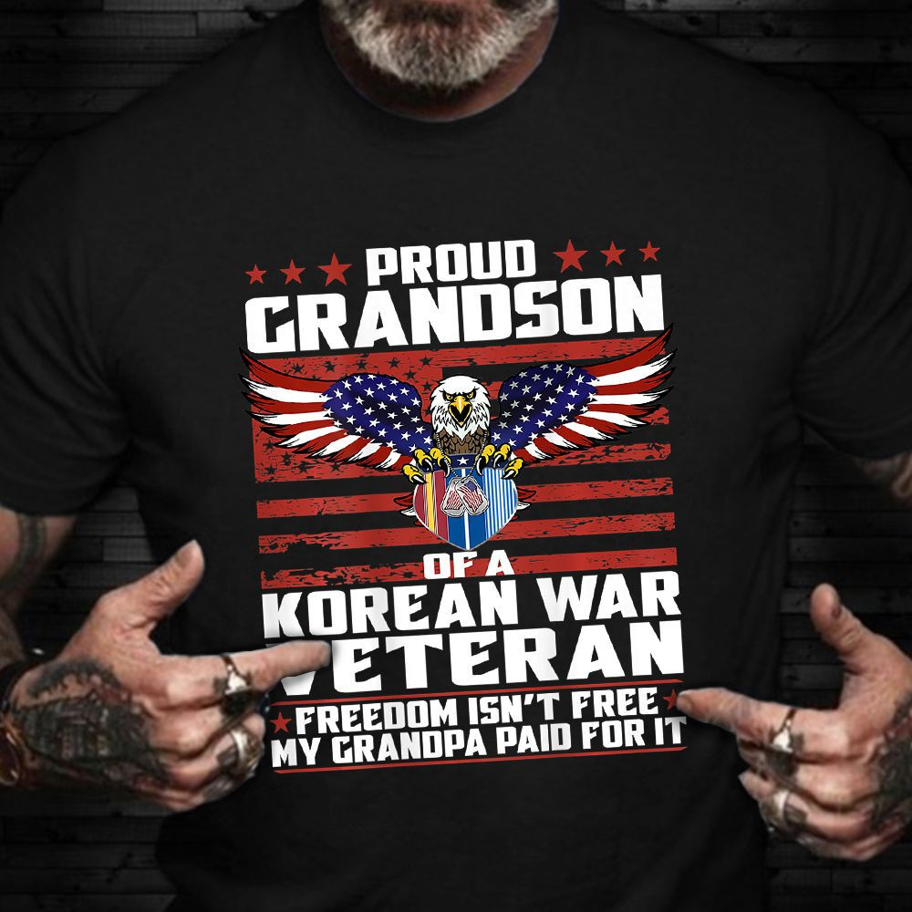Proud Grandson Of A Korean War Veteran Shirt Eagle American Flag T-Shirt Veterans Day Gifts