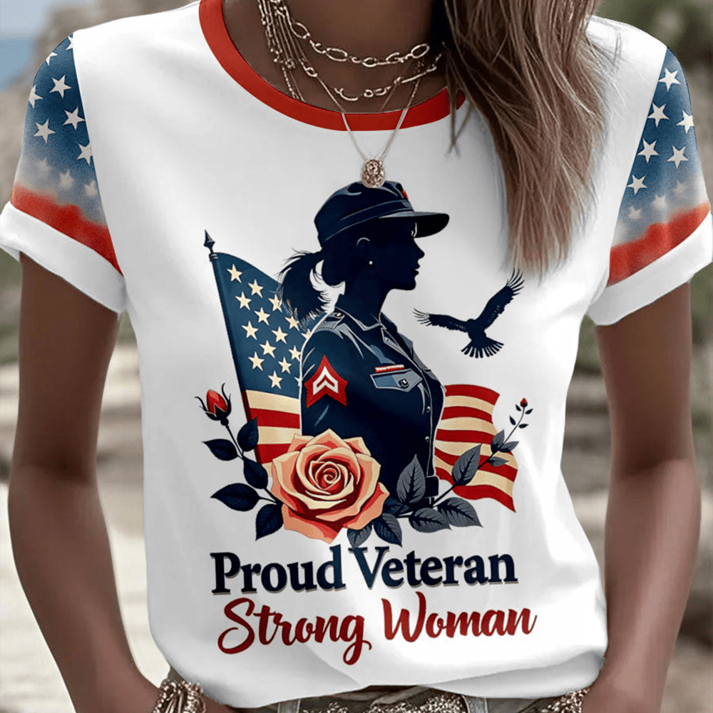 Proud Veteran Strong Woman T-Shirt Rose Flower Art American Flag Art Shirt Cool Gift Ideas