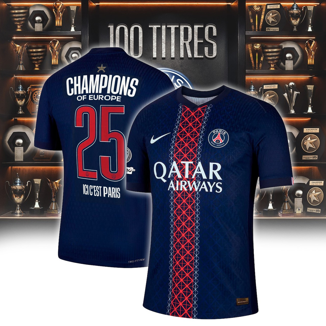 PSG Home Match Shirt 2025-26 with Champions of Europe and UEFA Foundation 10 Years Badge Best Gift For Fan