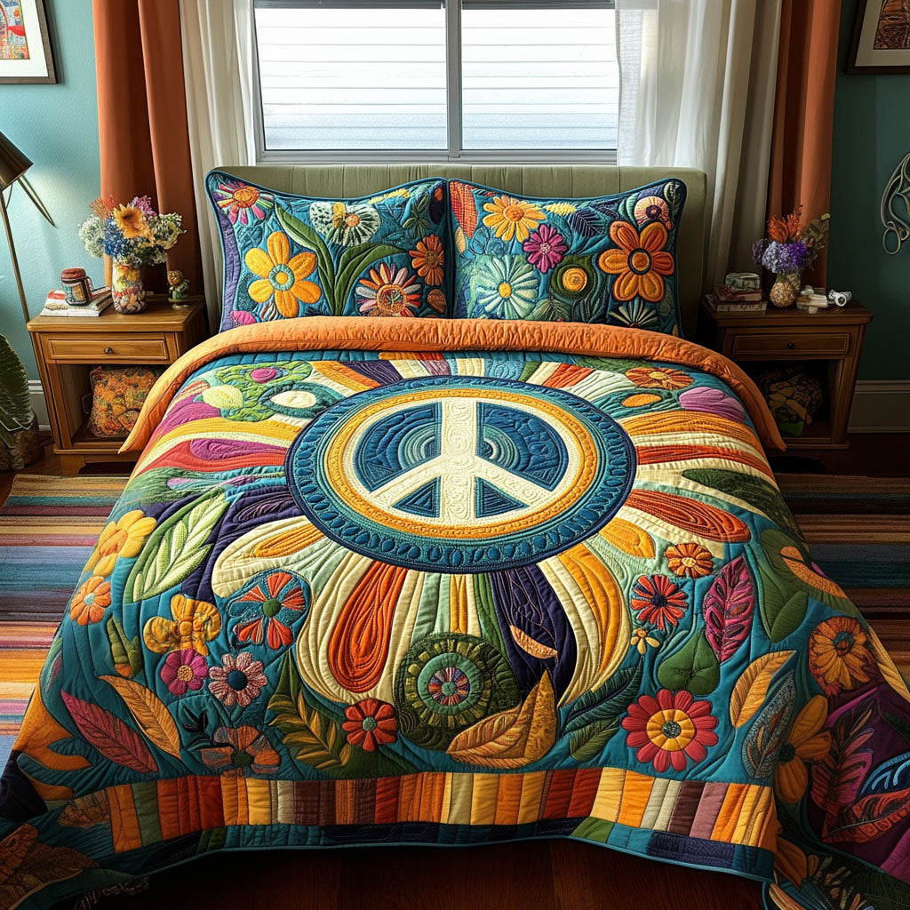 Psychedelic Bloom Quilted Bedding Set Bed Room Decoration Hippie Style Gifts