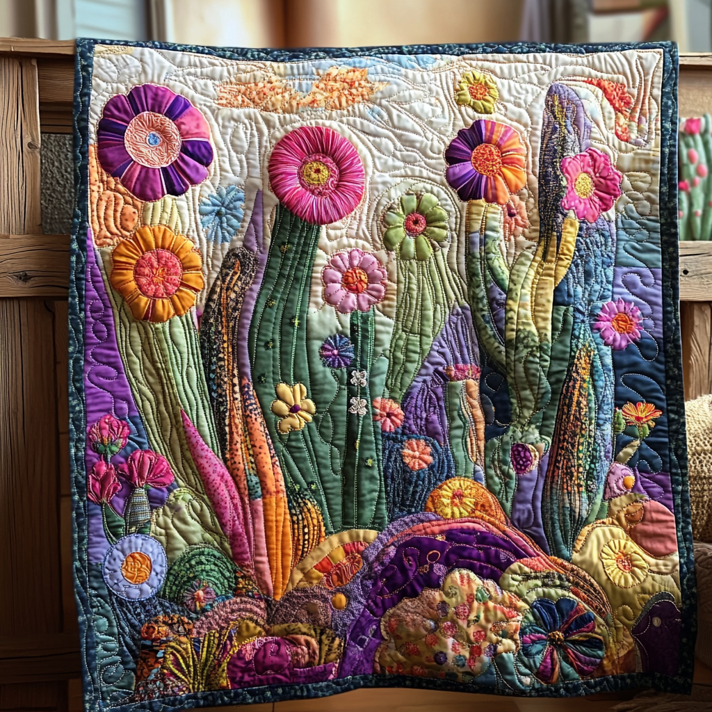 Psychedelic Cactus Quilted Blanket Gift For Cactus Lover