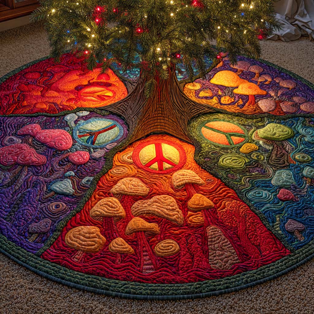 Psychedelic Forest Peace Quilted Tree Skirt Holiday Indoor Decor Secret Santa Gift Ideas