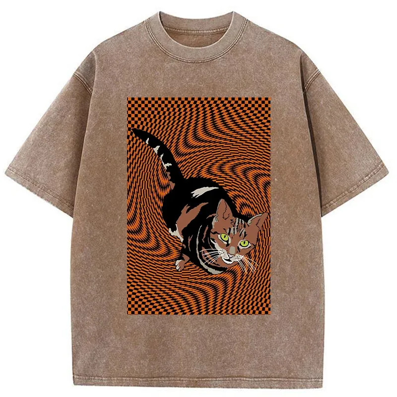 Psychedelic Orange Cat Washed T-Shirt Retro Streetwear Graphic Top Gifts For Brother