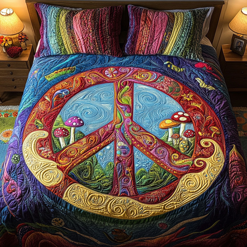 Psychedelic Peace Quilted Bedding Set Bed Room Decoration Christmas Presents For Hippies