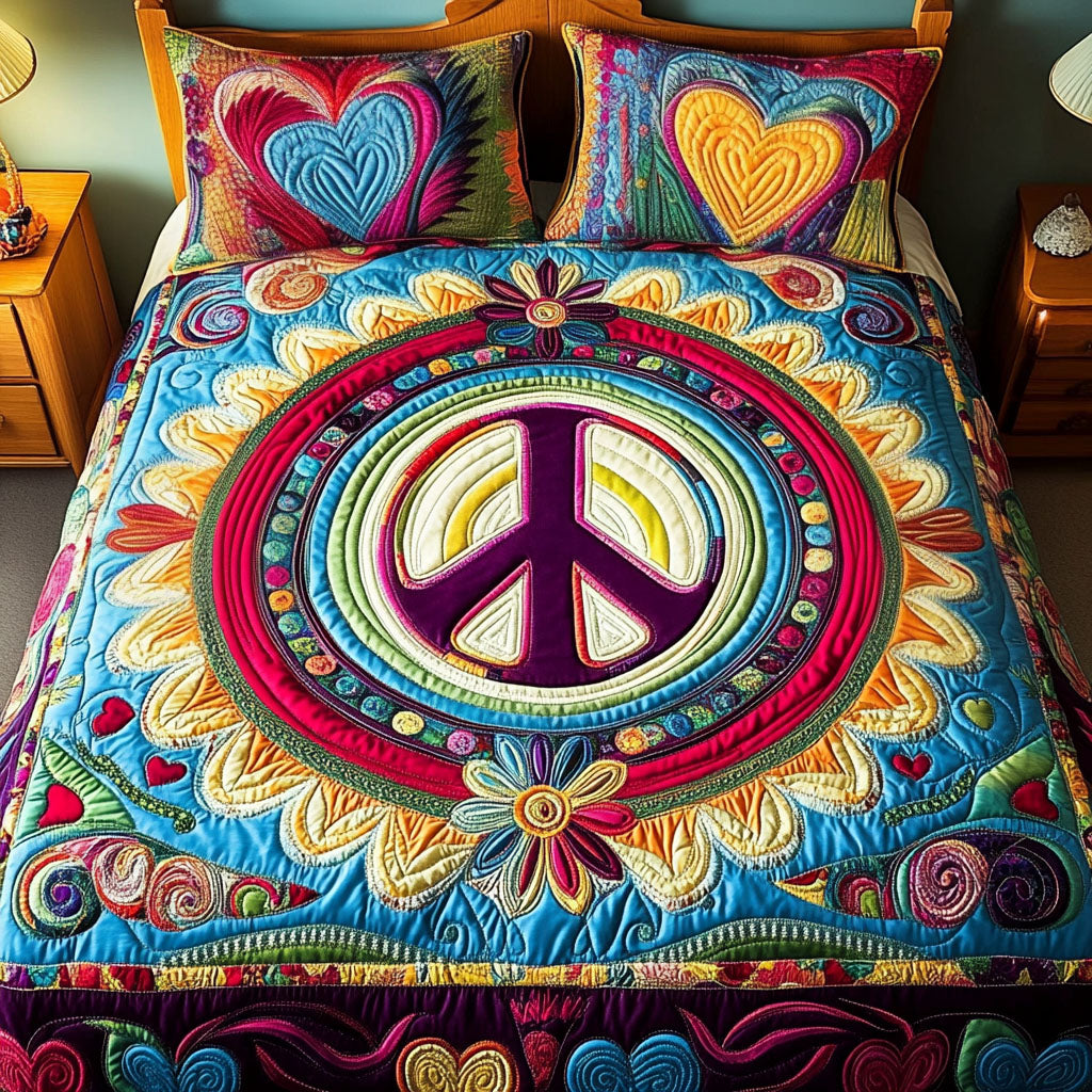 Psychedelic Peace Quilted Bedding Set Premium Duvet Cover Gift Set for Mom or Grandma