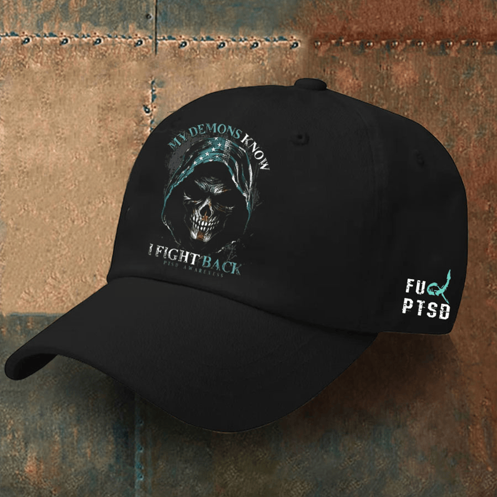 PTSD Awareness Hat My Demon Know I Fight Back Skull Cap Gifts For Patriotic Veterans