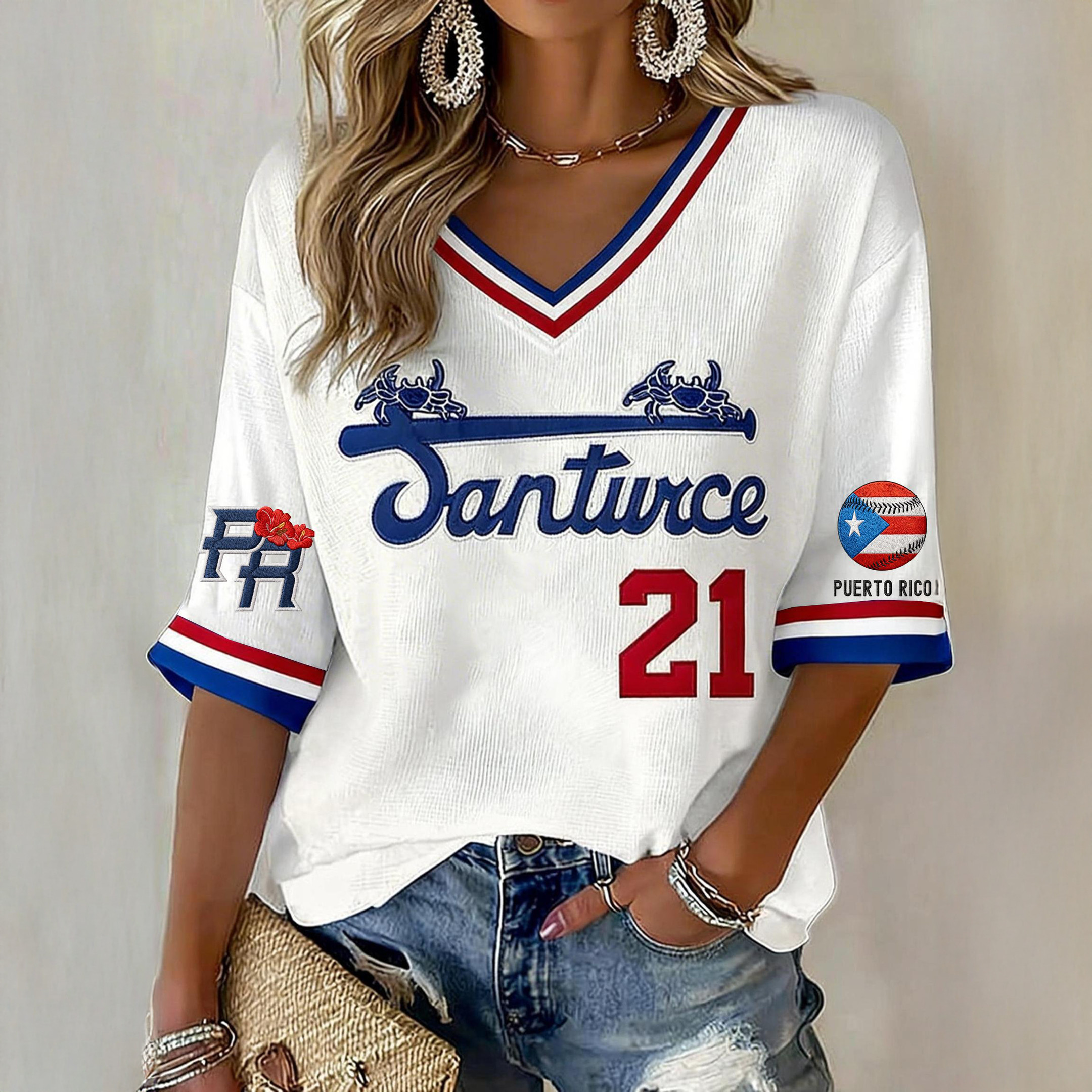 Puerto RIcan Baseball Santurce Cangrejeros 21 V-Neck Shirt Baseball Clothes Gift For Fans