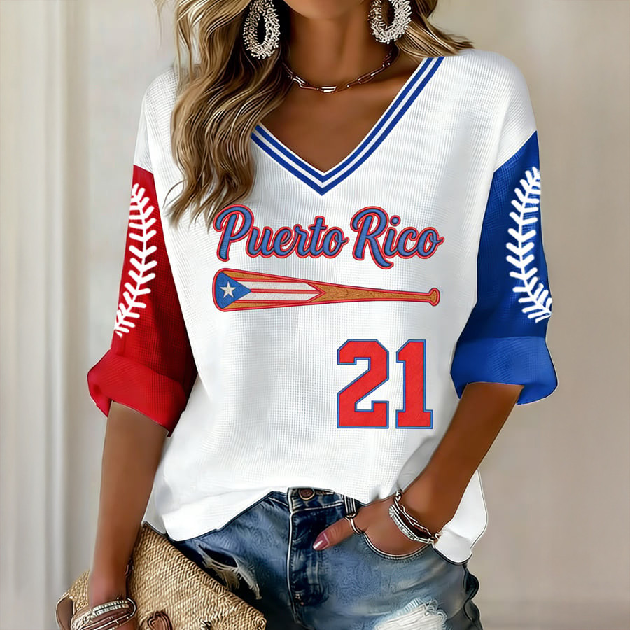 Puerto Rican Pride Baseball 21 V-Neck Long Sleeve Shirt Roberto Clemente Tribute Apparel Fan Gift
