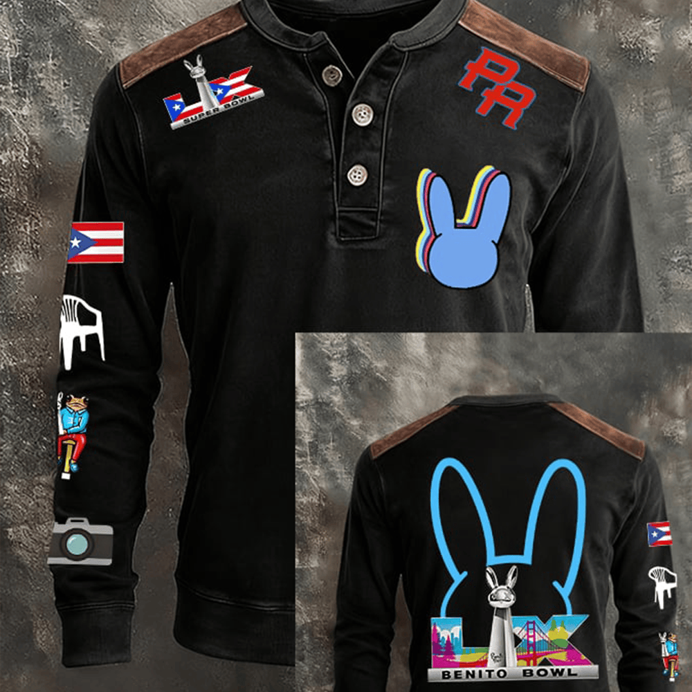 Puerto Rico Bad Bunny Benito Bowl LX Button Long Sleeve Shirt Bad Bunny Halftime Show Apparel