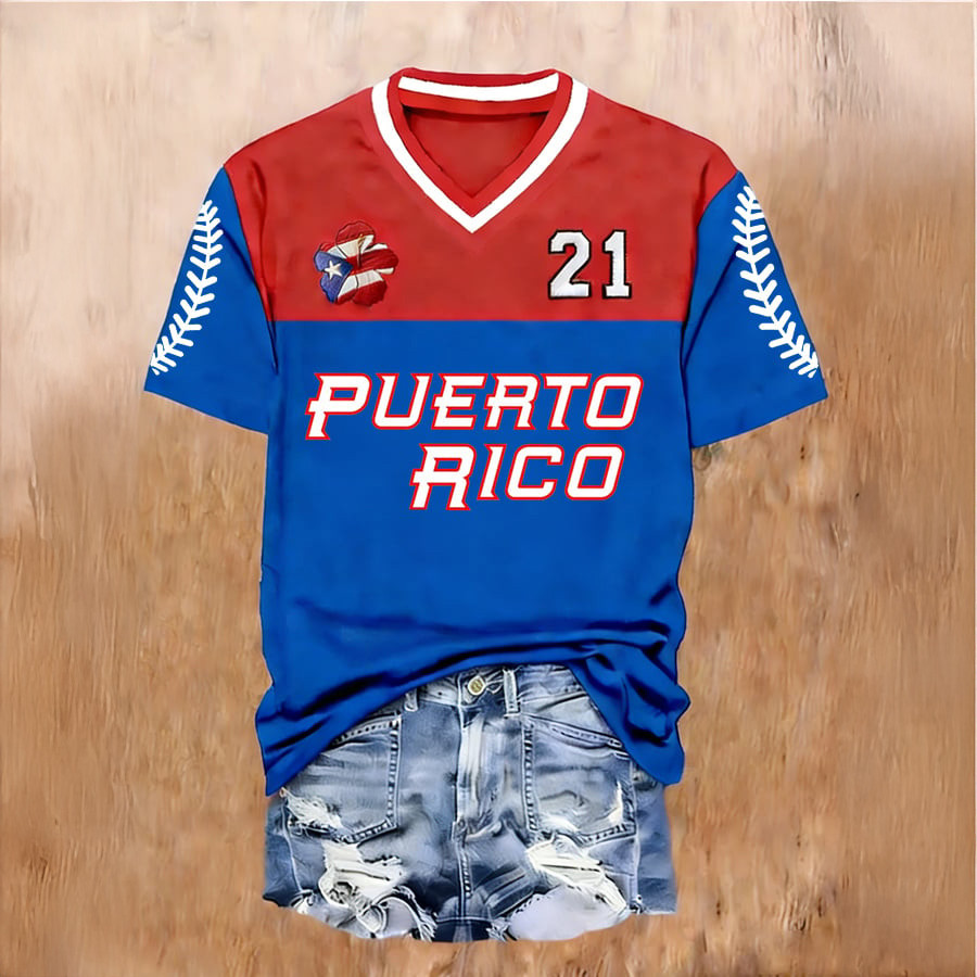 Puerto Rico Baseball 21 V-Neck Shirt Game Day Baseball Clothes Proud Boricua Gifts