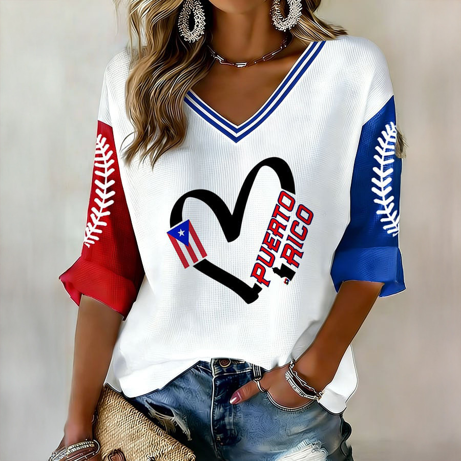 Puerto Rico Baseball Heart Graphic V-Neck Long Sleeve Shirt Game Day Merch Gift For Fans