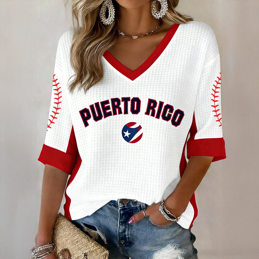 Puerto Rico Baseball V-Neck Long Sleeve Shirt Game Day Baseball Apparel Unique Gift For Fans