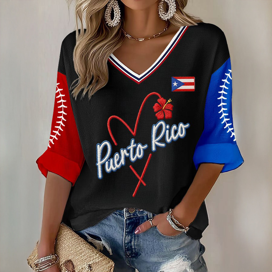 Puerto Rico Baseball V-Neck Long Sleeve Shirt Puerto Rico Baseball Merch Sport Fan Gift