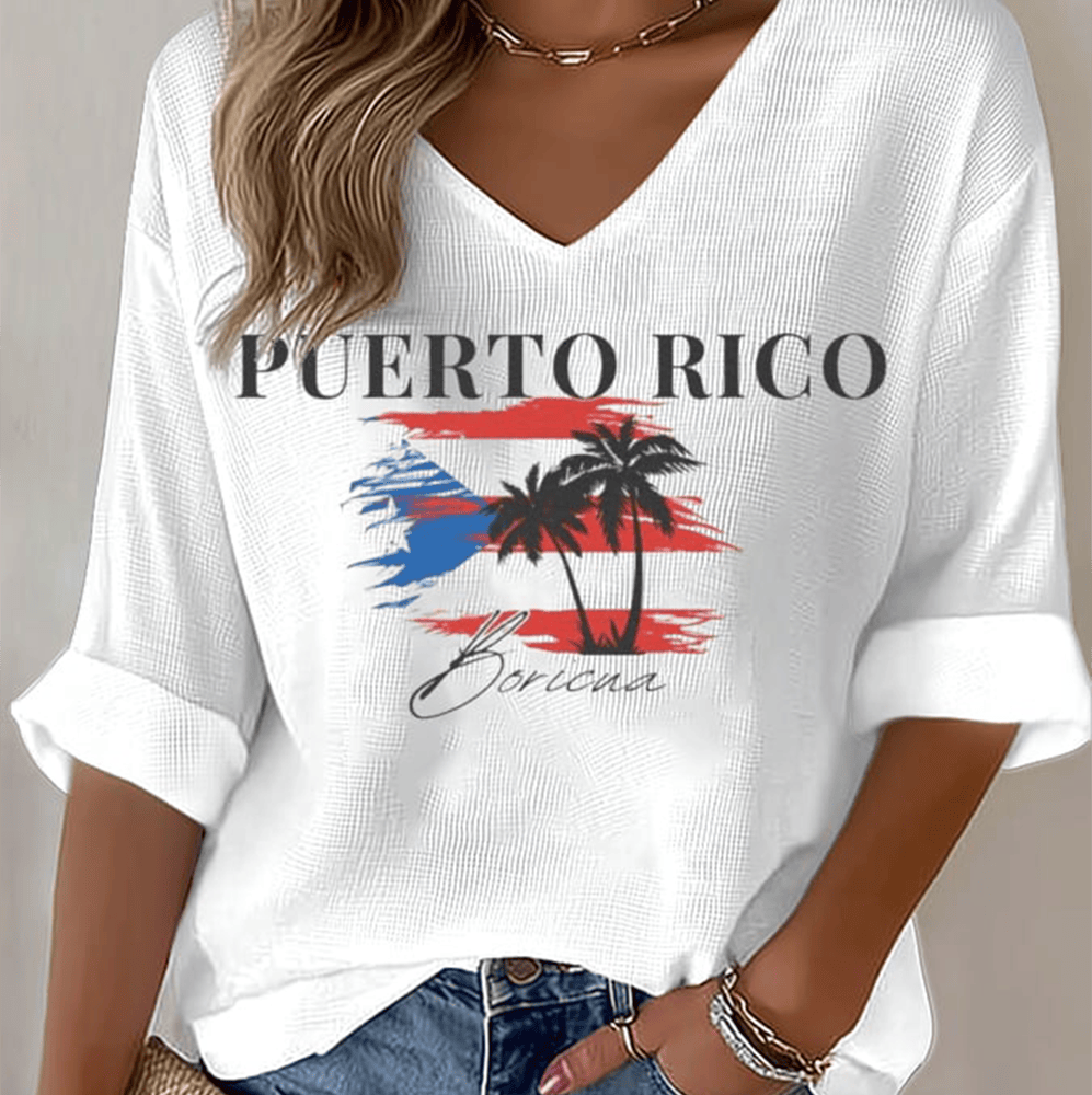 Puerto Rico Boricua V-Neck Long Sleeve Shirt Bad Bunny Halftime Show Merch Women Gift Ideas