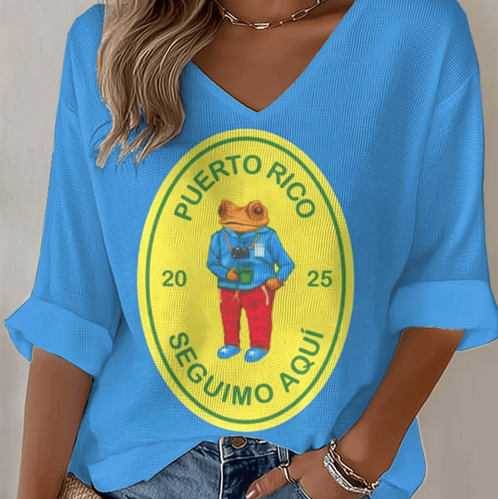 Puerto Rico Seguimo Aqui V-Neck Long Sleeve Shirt Bad Bunny Frog Merchandise