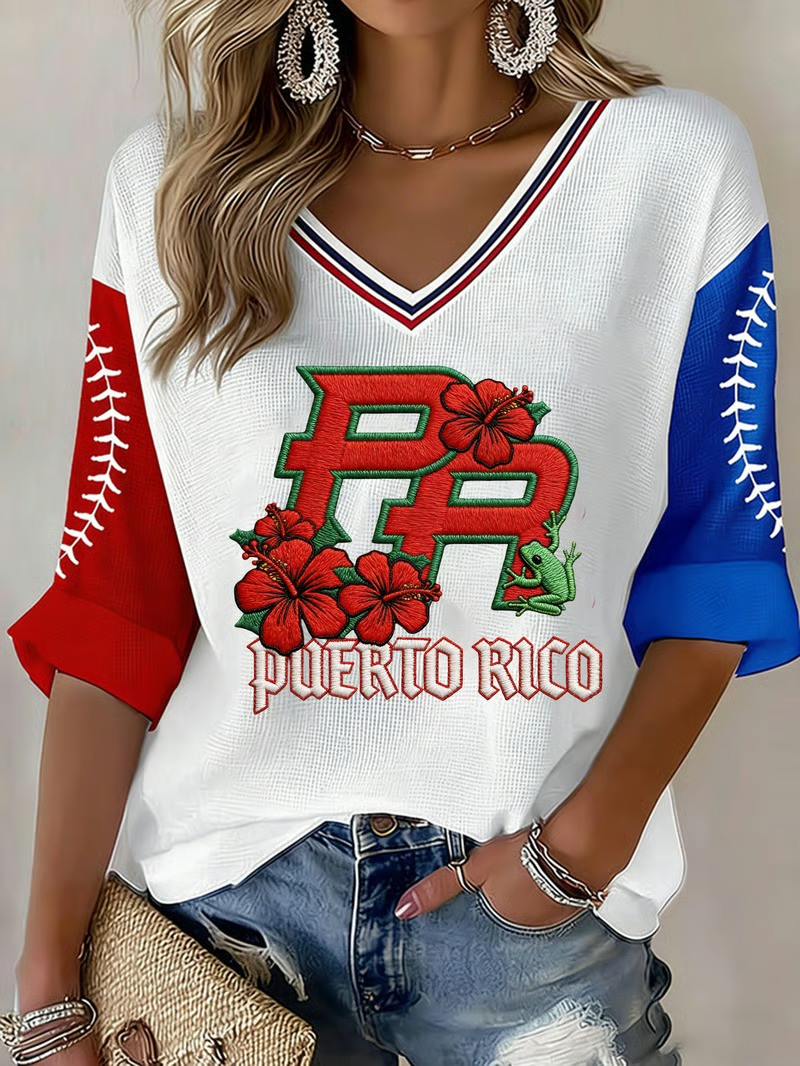 Puerto Rico WBC 2026 Baseball V-Neck Long Sleeve Shirt Fan Gear Puerto Rican Pride Best Gift For Baseball Lovers