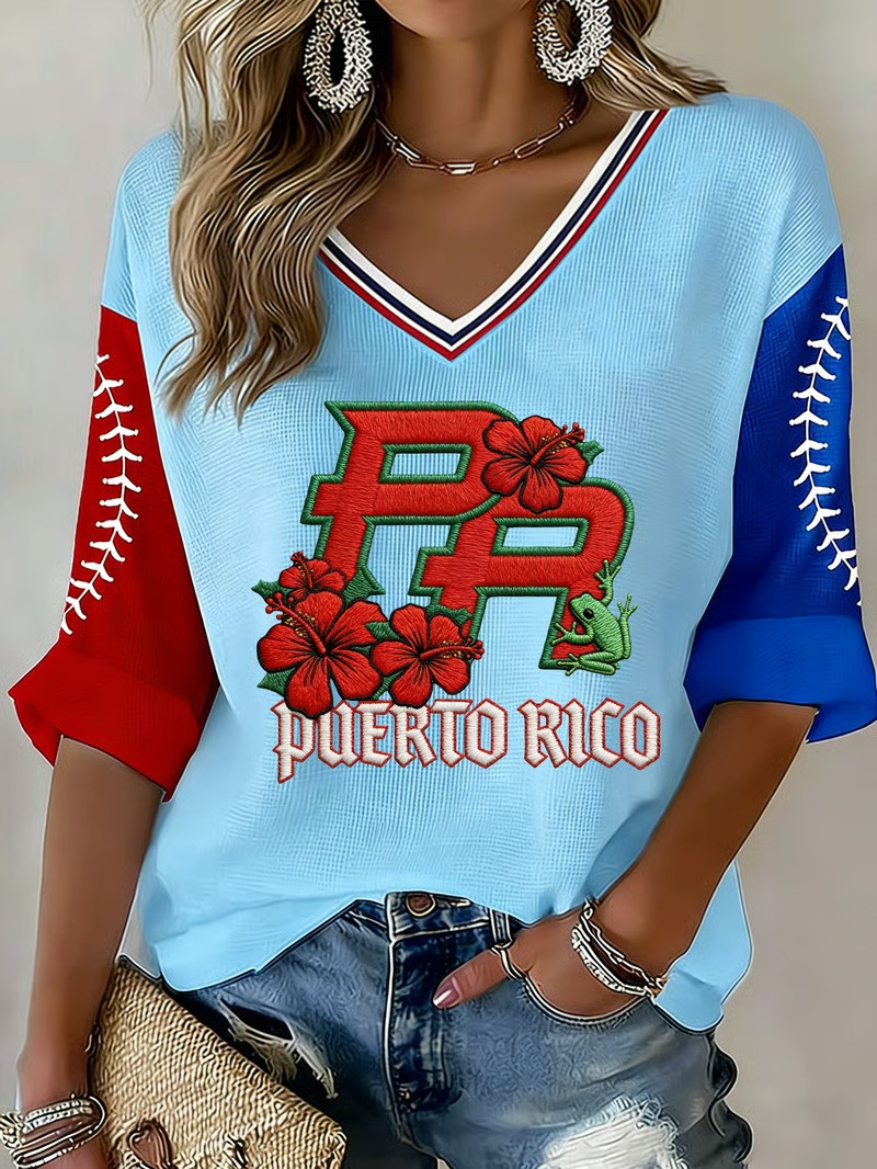 Puerto Rico WBC 2026 Baseball V-Neck Long Sleeve Shirt PR Hibiscus Logo Fan Gear Gift For Puerto Rican Supporters